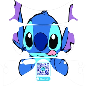May include: A blue and purple cartoon character with big eyes and a tongue sticking out. The character is holding a blue and white QR code with the text "SCAN ME" below it.