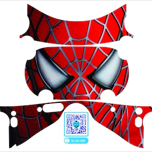 May include: A red and black Spider-Man themed skin for a VR headset. The skin features a close-up of Spider-Man's face with his eyes and web design. The skin also includes a QR code with the text "SCAN ME".