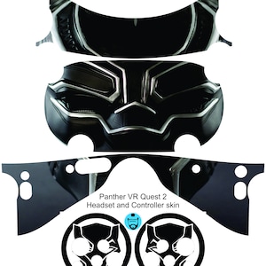 May include: Black Panther VR Quest 2 headset and controller skin. The skin features a close-up of Black Panther's mask with a silver trim. The controller skins feature a black and white image of Black Panther's mask.