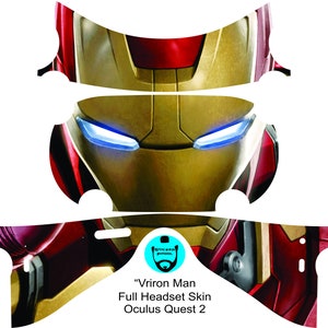 May include: A full headset skin for the Oculus Quest 2 featuring a red and gold Iron Man design. The skin has a close-up image of Iron Man's face with blue glowing eyes. The text "Virion Man Full Headset Skin Oculus Quest 2" is printed on the skin.