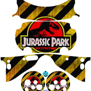 May include: A set of vinyl decals featuring a yellow and black striped pattern with a red Jurassic Park logo. The logo features a dinosaur skeleton and the text "Jurassic Park".