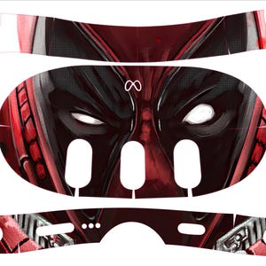 May include: A red and black Deadpool themed skin for a VR headset. The skin features a close-up of Deadpool's face with his signature red and black mask and white eyes. The skin also includes a QR code that says "Scan Me".