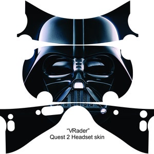 May include: A black and white VR headset skin featuring Darth Vader's face. The skin is labeled "VRader" and "Quest 2 Headset skin".