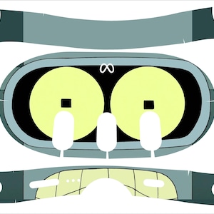 May include: A gray and black VR headset skin with a cartoon face design. The face has two large yellow eyes with black pupils and a black mouth with white teeth. The skin also includes a gray and black headband and a gray and black chin strap. The skin has a QR code on the left and right sides. The QR code on the left side says "Scan for application tutorial video!" and the QR code on the right side says "SCAN ME".