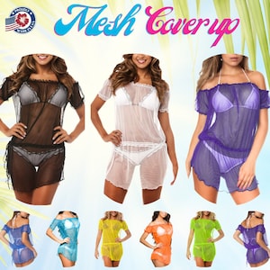 Coqueta COVER UP dress mini MESH dress Women&#39;s beach dress sheer swimsuit cover up bright neon colors beach cover up yellow green coral blue