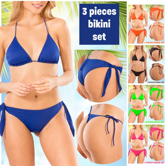 Micro Thong Bikini Swimsuit Women Cheeky Brazilian Sexy Bottom Triangle Top  3 PIECES SET Neon Bright Blue Black Orange Coral Green Sexy New 