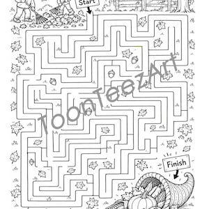 Könnte beinhalten: Ein schwarz-weißes Labyrinth-Arbeitsblatt mit Kindern, die Laub harken, in der Nähe eines Start-Schildes und einem Füllhorn voller Herbsternte am unteren Ende bei einem Finish-Schild, mit verstreuten Eicheln im gesamten Labyrinth.