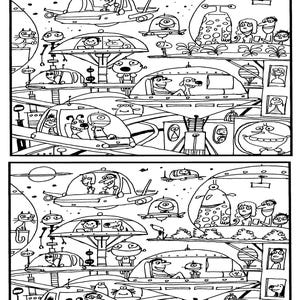 Puede incluir: Página para colorear en blanco y negro titulada "Spot the Difference". La imagen presenta dos escenas casi idénticas de una ciudad futurista con vehículos voladores, extraterrestres y varios personajes de dibujos animados. Una actividad divertida para todas las edades.