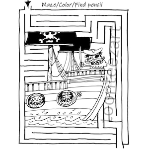 Puede incluir: Dibujo lineal en blanco y negro de un barco pirata navegando por un laberinto. El barco tiene una bandera con una calavera y tibias cruzadas, un capitán pirata y dos personajes de dibujos animados en el agua. El texto en la parte superior dice "Maze/Color/Find pencil".