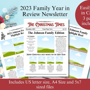 Tarjeta de Navidad Year in Review, tarjeta de Navidad del periódico, boletín familiar de Navidad 2023, plantilla Canva editable, revisión de fin de año