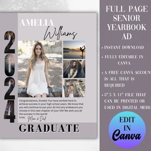 Full page high school senior yearbook ad, editable full page yearbook ad template, Senior graduation tribute, yearbook ad Canva template