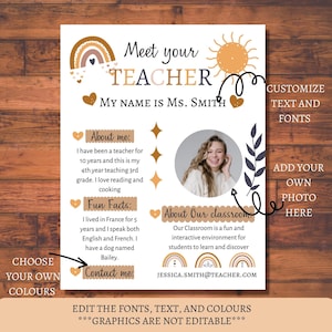 Conozca la plantilla Canva editable del maestro, decoración del aula boho arco iris, carta de regreso a clases para estudiantes/padres, descarga digital PDF