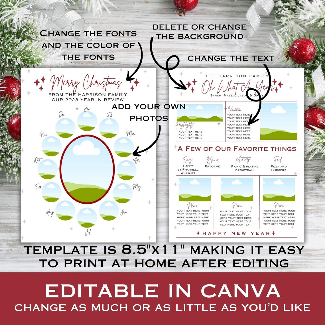 Year in Review Template, Editable Canva Template, Christmas Family