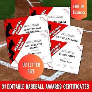 Editable Baseball Awards Certificate Canva Template, End of Season Baseball Awards, Baseball Certificate printable, Baseball team party