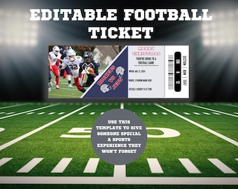 May include: Editable football ticket template with a photo of football players in action. The ticket says "Merry Christmas" and "You're going to a football game". The text on the ticket says "Rockets vs Jets".