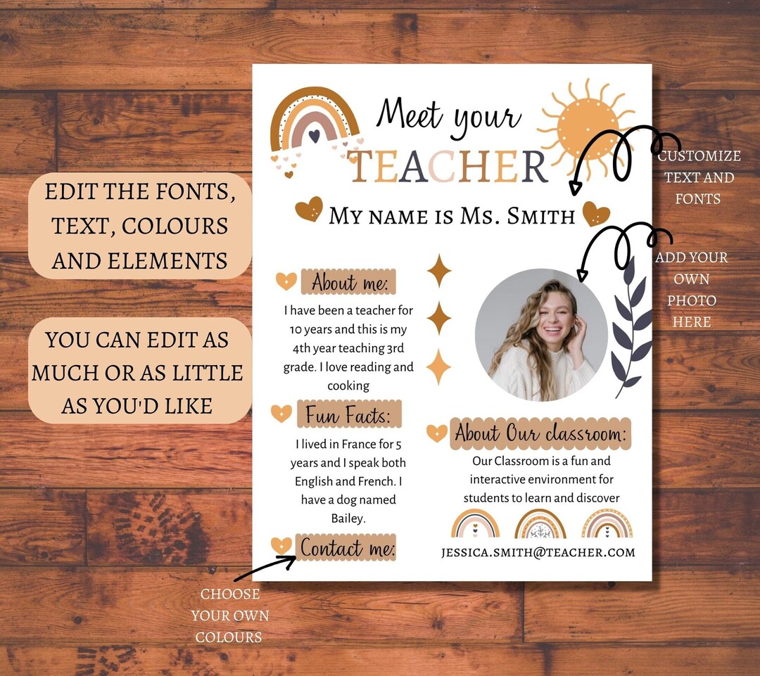 Meet the Teacher Editable Canva Template Boho Rainbow - Etsy Finland