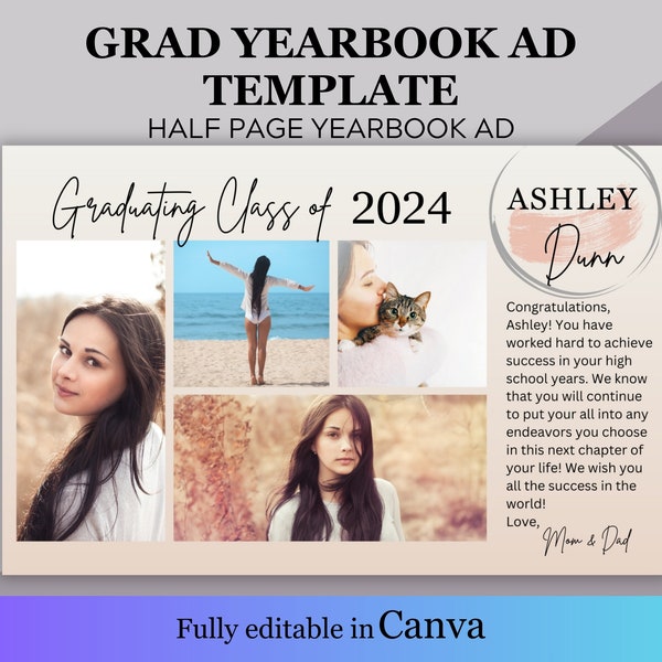 Half page high school senior Yearbook ad, editable half page yearbook ad template, Senior graduation tribute, yearbook ad canva template