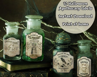 Etichette vintage da farmacista di Halloween, etichette per pozioni stampabili, Halloween vintage, bottiglie di pozioni di streghe, etichette di pozioni magiche, etichetta spettrale