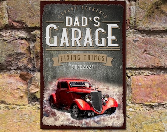 Personalised vintage effect Garage with hot rod image metal sign (A4 size 30 x 20cms)