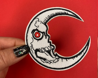 Moon Skull Patch - Iron On - Applique - Crescent Moon - Gothic Moon Patch