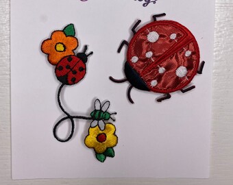 lady bug patch, lady bug flowerset of 2 applique bright colors iron on sew on patch