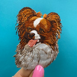 Könnte beinhalten: Gestickter Aufnäher eines braunen und weißen Papillon-Hundes mit herausgestreckter Zunge. Der Hund schaut direkt auf den Betrachter.