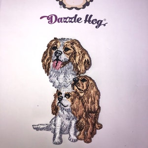 Może przedstawiać: Naszywka haftowana do prasowania z dwoma Cavalier King Charles Spaniel, jednym brązowo-białym i drugim brązowym, z tekstem "Dazzle Hog" poniżej.