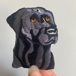 May include: Embroidered patch of a black Labrador Retriever's head with orange eyes. The patch is made of a dark blue and gray fabric.
