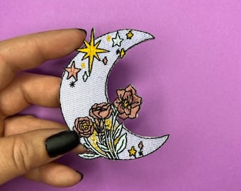 Lila Mond Aufnäher - Aufbügler - Halbmond mit Blumen