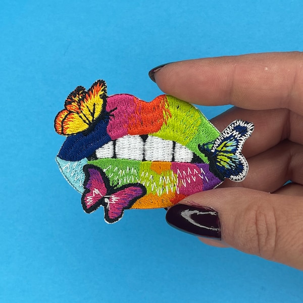 Neon Lips and Butterfly Patch - Iron on - Applique