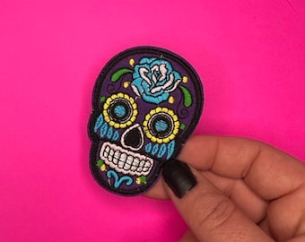 Sugar Skull Patch - Iron on - Applique - Purple with Blue Flower