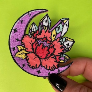 Crescent Moon Crystals and Flower Patch - Iron on - Moon Applique - Witchy Patch
