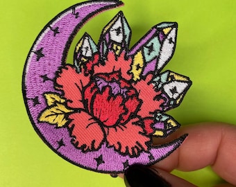 Halbmond-Kristalle und Blumen-Patch – Aufbügeln – Mond-Applikation – Hexen-Patch