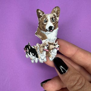 Könnte beinhalten: Gestickter Aufnäher mit einem braunen und weißen Corgi-Hund, vor dem sich drei kleinere Corgi-Hunde befinden. Der Aufnäher befindet sich auf einem violetten Hintergrund.