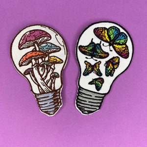 Mushrooms and Butterflies in Lightbulbs - Patch Set - Iron on - Applique