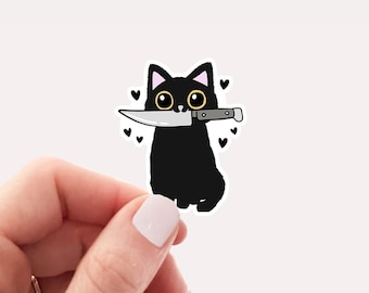 Funny black cat waterproof vinyl sticker, cat with knife, cat lover gift, water bottle sticker, laptop sticker