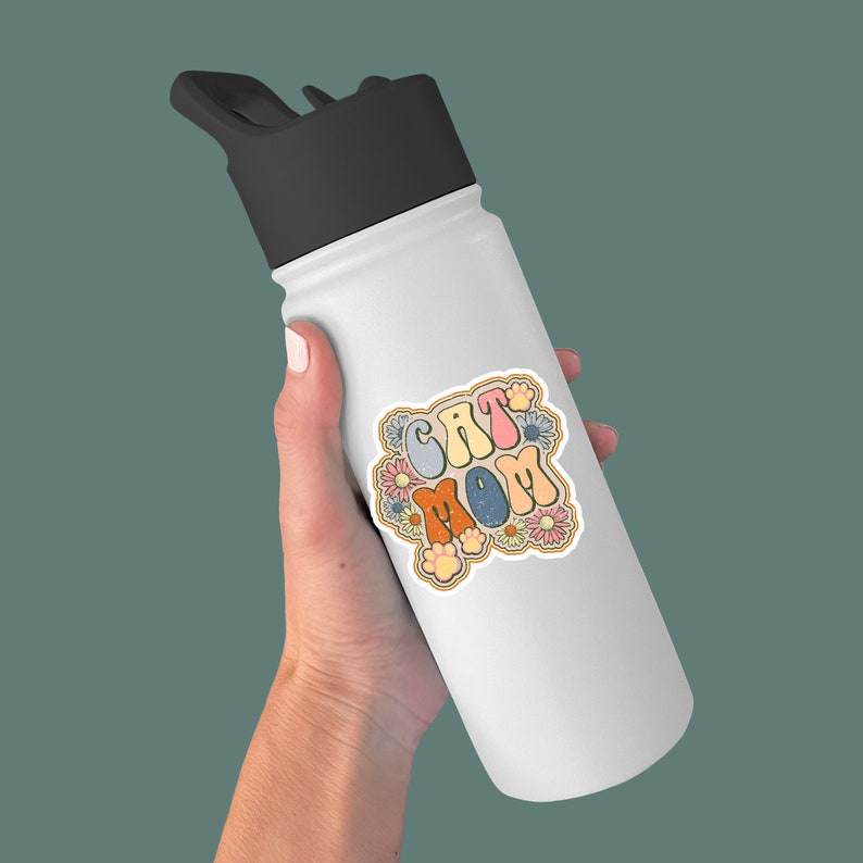 Cat mom sticker, retro waterproof vinyl sticker for water bottle, laptop sticker image 2