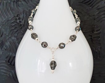 Hematite Skull Necklace with Glittering Rings, Sterling Silver