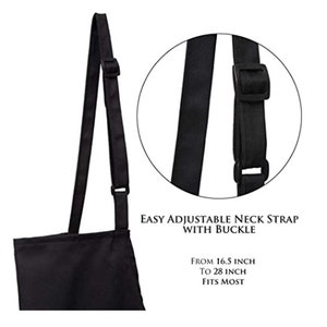 May include: Black apron with an adjustable neck strap and buckle. The text reads "EASY ADJUSTABLE NECK STRAP WITH BUCKLE" and "FROM 16.5 INCH TO 28 INCH FITS MOST".