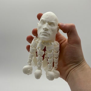 May include: A white 3D-printed articulated figure with a sculpted head and multiple smaller heads at the ends of its articulated limbs. The figure is held in a hand against a white backdrop.