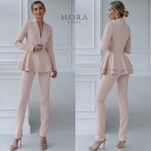 Beige Formal Women Suit, Peplum Suit For Women, Peplum Pant Suit, Two Piece Peplum Pant Suit, Women&#39;s Beige Pantsuit, Beige Suit Women