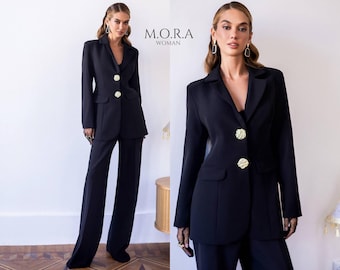 Black Pantsuit Women, Straight Leg Trousers Suit, Elegant Office Outfit, Business Professional Suit