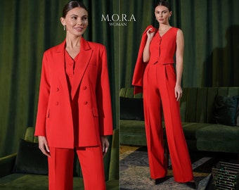 Red Suits for Women, Business Suit, Women Suit with Vest, Wide leg Pant Suit, Red Pant Suit for Women, Red Women Suit, Straight  Pant Suit