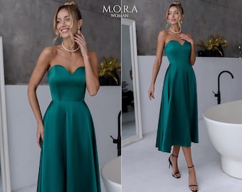 Emerald Corseted Dress, Emerald Puffy Dress, Corset Puffy Dress, Emerald Midi Formal Dress, Satin Dress, Circle Skirt Dress, Midi Skirt Dres