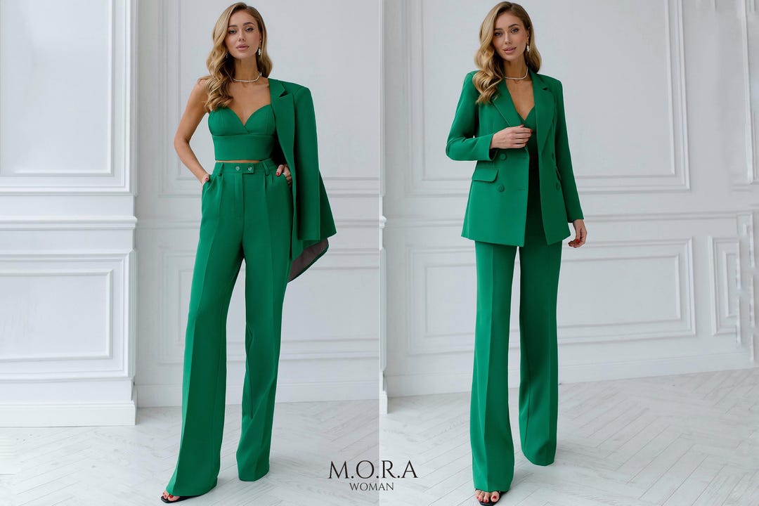 Green Women's Suit, Trouser Suit for Women, Green Pantsuit for