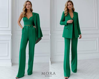 Green Women's Suit, Trouser Suit for Women, Green Pantsuit For Women, Formal Pantsuit for Women, 3-piece Pantsuit for Women, Green Suit