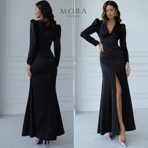Black Formal Dress, Black Maxi Dress, Evening Dresses for Special Occasion, Wedding Guest Dress, Satin Dress, Elegant Black Dress