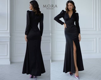 Black Formal Dress, Black Maxi Dress, Evening Dresses for Special Occasion, Wedding Guest Dress, Satin Dress, Elegant Black Dress