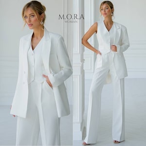 White Suits for Women, Wedding Suit, Women Suit with Vest, Wide leg Pant Suit, White Pant Suit, White Women Suit, Straight  Pant Suit, Suit
