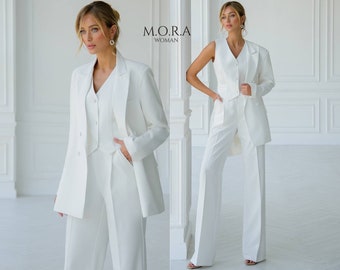 White Suits for Women, Wedding Suit, Women Suit with Vest, Wide leg Pant Suit, White Pant Suit, White Women Suit, Straight  Pant Suit, Suit